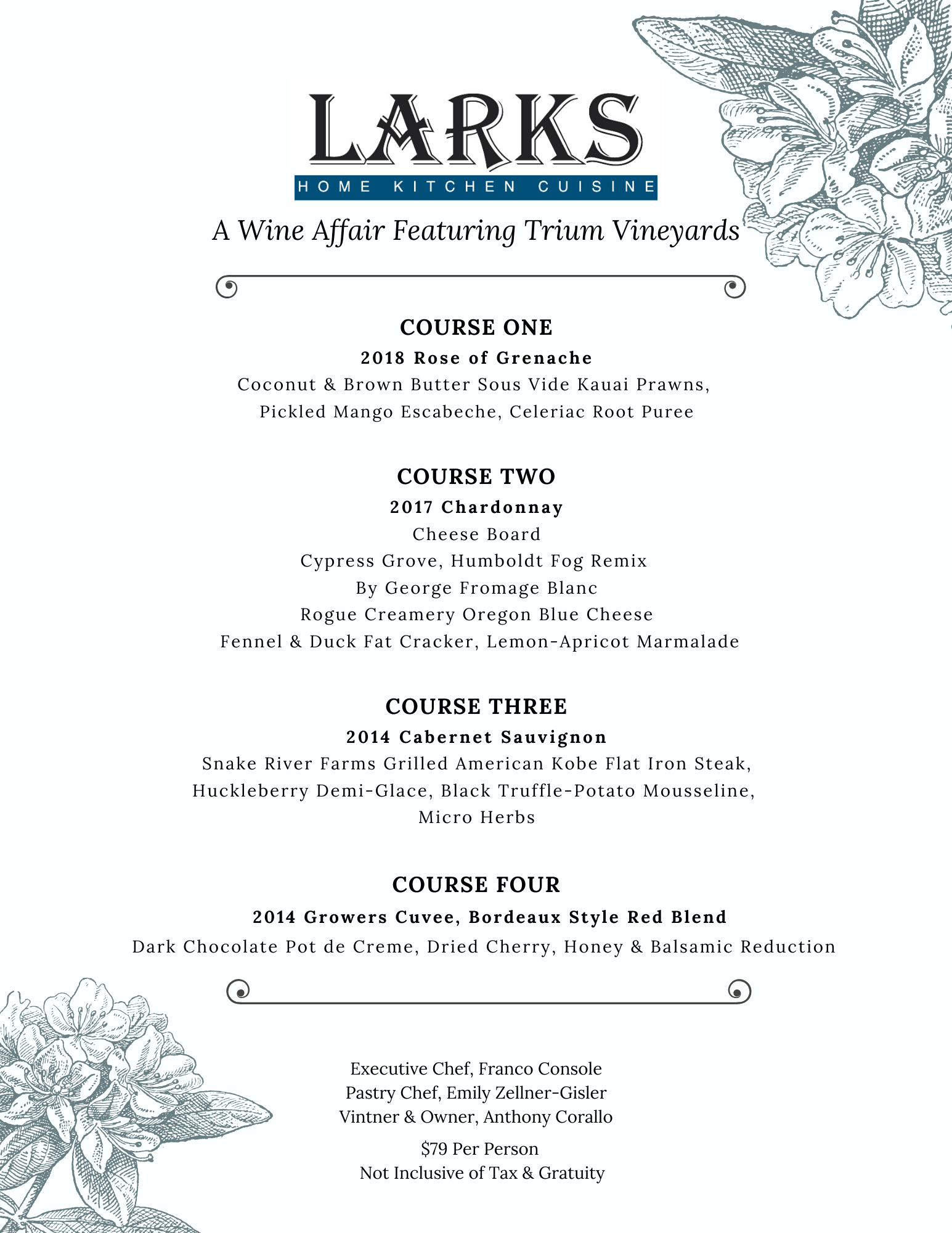 Trium Wine Dinner menu Ashland Springs Hotel Historical Hotel in